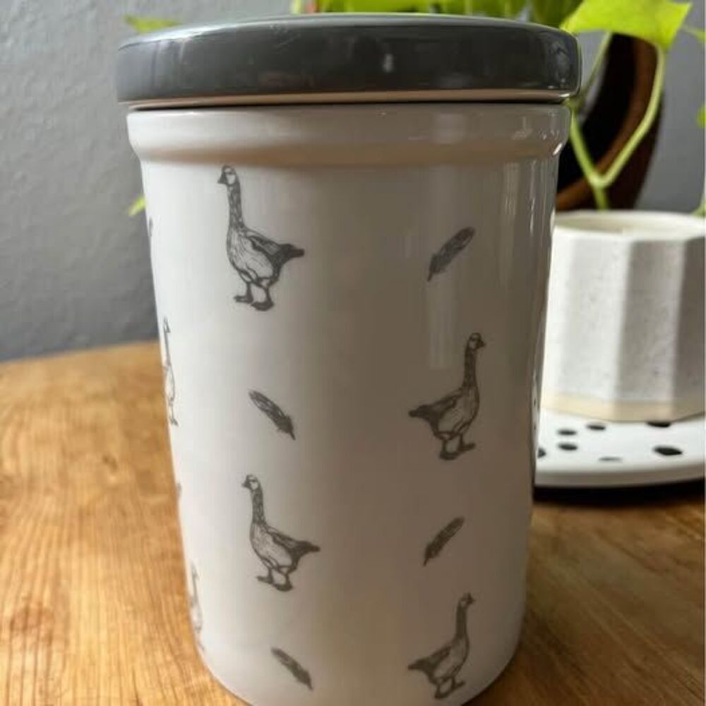 Canister With Lid, White wit Gray Ceramic Goose Pattern Coffee Sugar Tea Jar